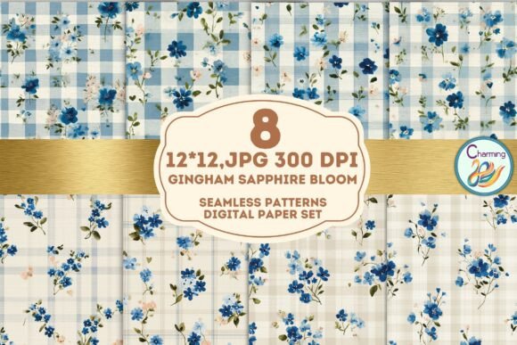 Seamless Paper: Gingham Sapphire Bloom for Modern Design