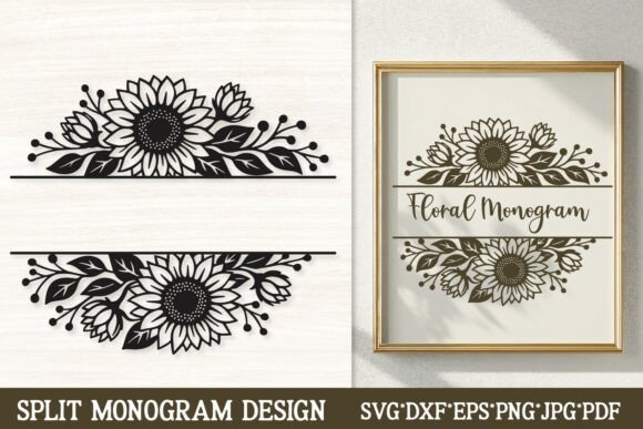 Sunflower Split Monogram SVG Frame: A Floral Design Asset for Personalization