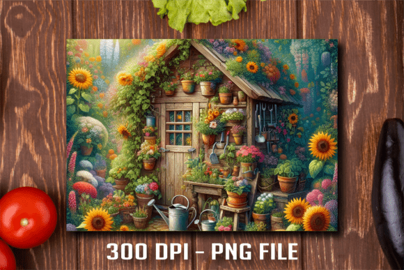 Sunlit Rustic Garden Shed Cutting Board: A Digital Design for Kitchen Artistry